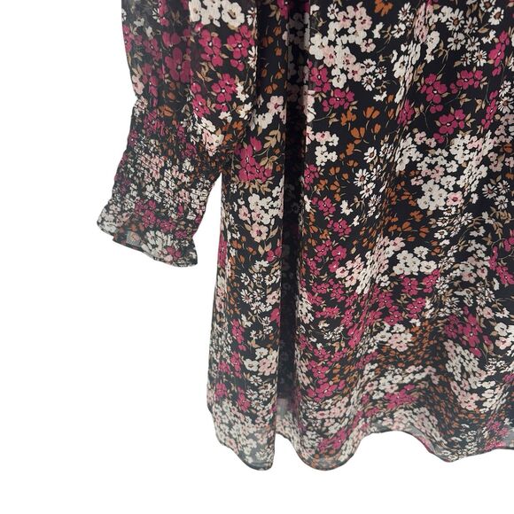 Ann Taylor Dress Womens 2 Black Pink Floral Smocked Neck Shift Chiffon Lined NEW - Picture 9 of 16
